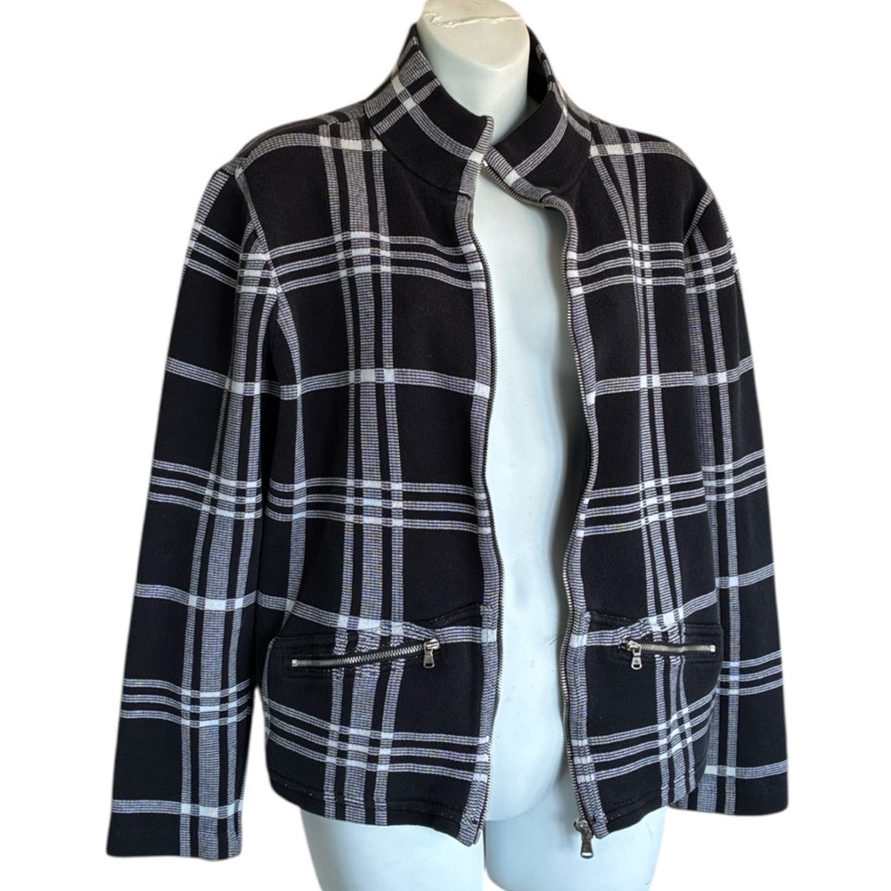 Lauren Ralph Lauren Cardigan Sweater, Women's XL, Grey & White Plaid, Zips. EUC